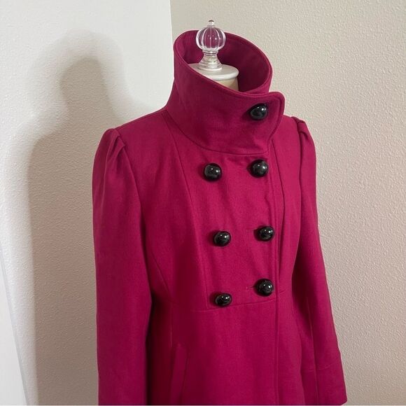 Guess Medium Magenta Pea Coat Wool Blend Cute Accents High Collar Mid Length - Picture 6 of 13